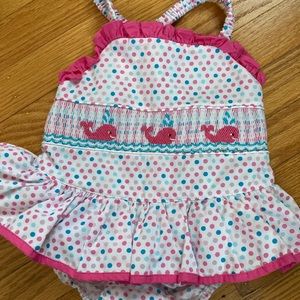 Hand smocked, super cute whale skirted bathing suit